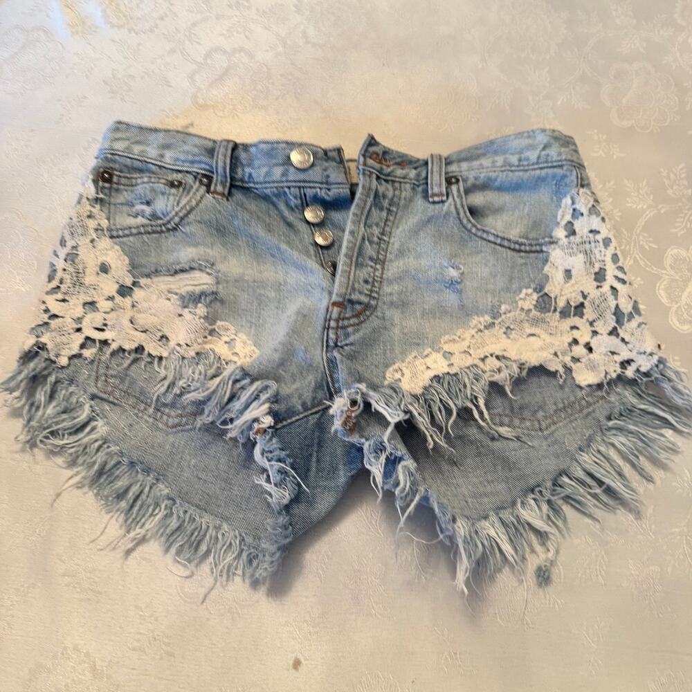 We The Free Light Blue Jean Shorts with White Lace